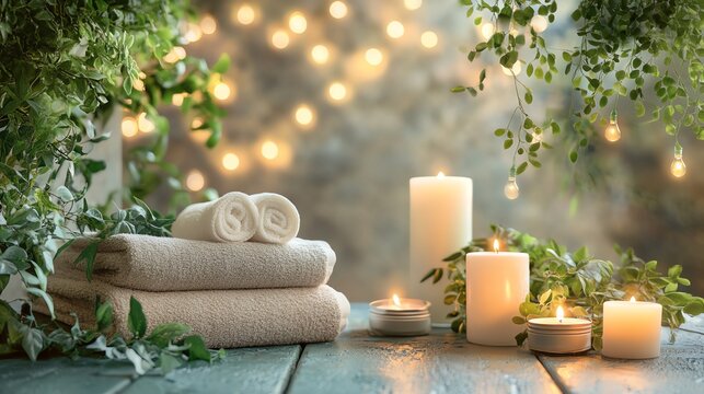 Relaxing spa setup with towels, candles, and greenery, creating a soothing ambiance.