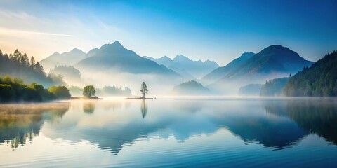 Fototapeta premium Minimalist nature landscape with misty mountains and serene lake, serenity, nature landscapes, outdoor scenes, lakes, serene environments