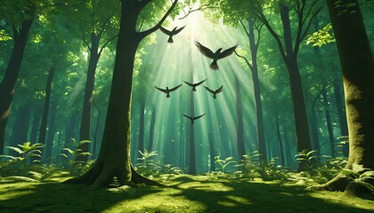 Five vibrant birds in mid-flight among emerald green tree canopies Generative AI