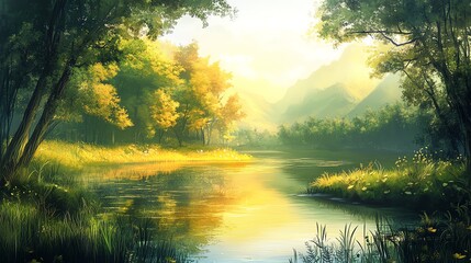 Obraz premium Serene landscape with lush greenery and shimmering water under soft sunlight.
