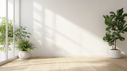 Minimalist interior design: empty room with white walls, wooden flooring, and indoor green plants for modern home decor – 3d rendering