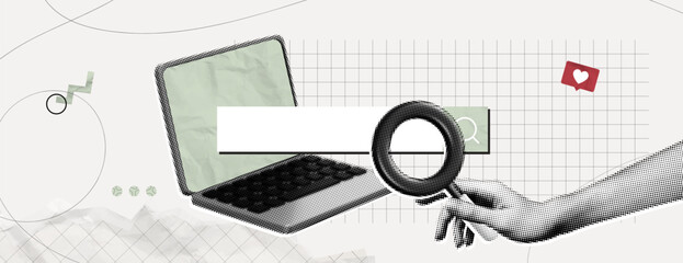 Trendy Halftone Collage Computer laptop with search bar and hand holds magnifier glass. Seo marketing concept. Website page. Internet analysis. Hire job online. Contemporary vector art illustration