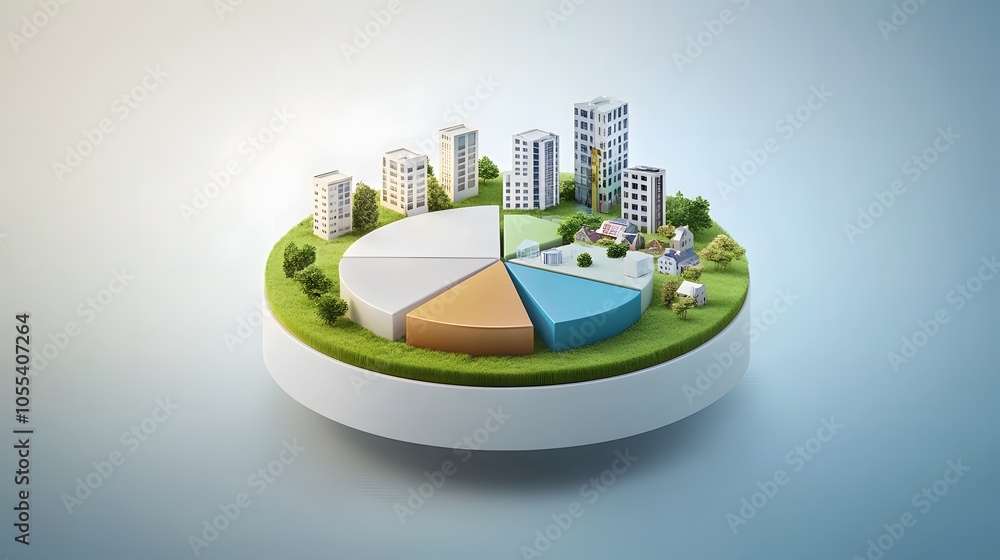 Poster a modern 3d floating pie chart with 7 pieces divided into 65%,13%,7%,5%,5%,3% and 2%. the chart is r