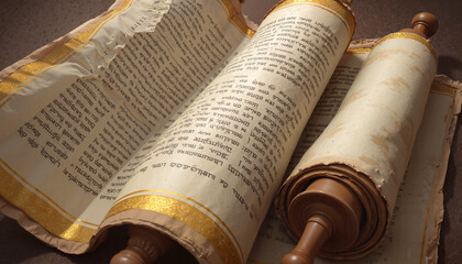 Ancient Hebrew scripture scroll with wooden handles
