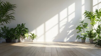Minimalist interior design: empty room with white walls, wooden flooring, and indoor green plants for modern home decor – 3d rendering
