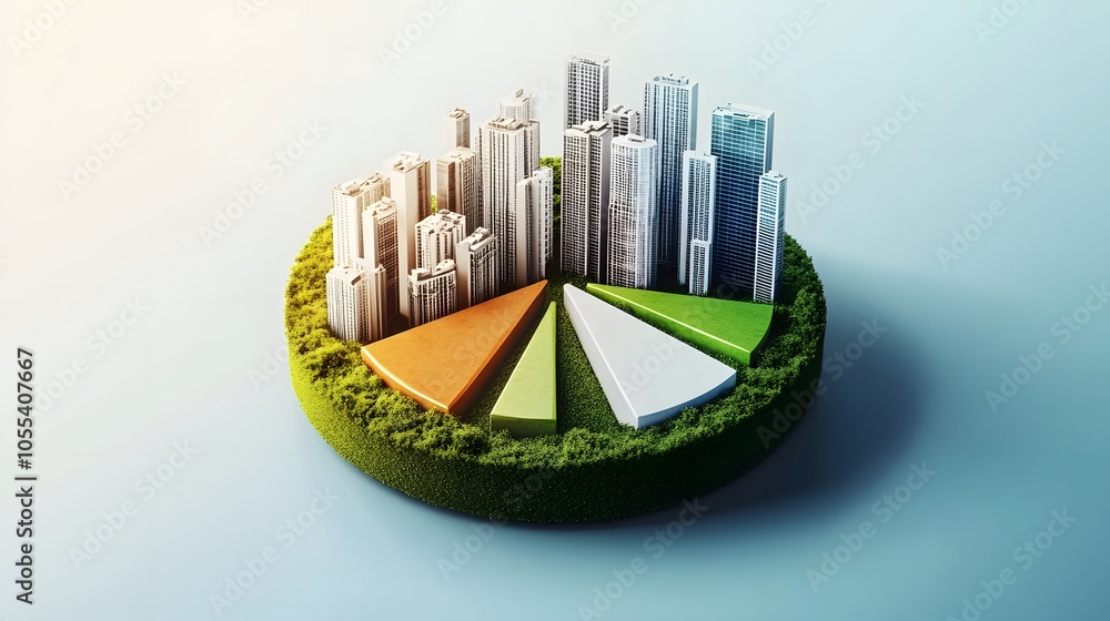 Poster a modern 3d floating pie chart with 7 pieces divided into 65%,13%,7%,5%,5%,3% and 2%. the chart is r
