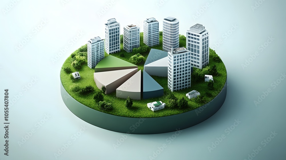 Poster a modern 3d floating pie chart with 7 pieces divided into 65%,13%,7%,5%,5%,3% and 2%. the chart is r