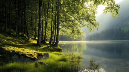 Fototapeta premium Tranquil lake surrounded by lush green forests under soft morning light.
