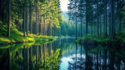 Obraz premium Tranquil forest scene reflecting in calm water under soft sunlight.