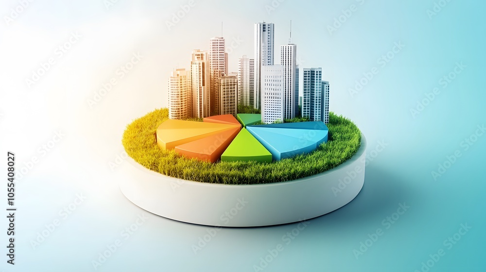Poster a modern 3d floating pie chart with 7 pieces divided into 65%,13%,7%,5%,5%,3% and 2%. the chart is r