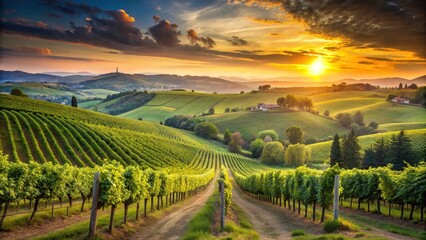 Fototapeta premium Panoramic view of an Italian vineyard at sunset with rolling hills and grapevines, winery views, sunsets, countryside, golden hour