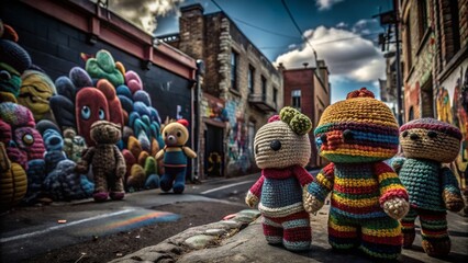 Fototapeta premium Colorful Crocheted Characters in an Urban Rainbow Wonderland for Exploration Photography