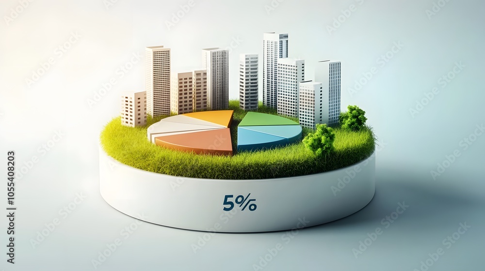 Poster a modern 3d floating pie chart with 7 pieces divided into 65%,13%,7%,5%,5%,3% and 2%. the chart is r