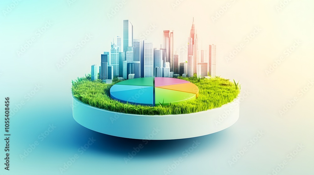 Poster a modern 3d floating pie chart with 7 pieces divided into 65%,13%,7%,5%,5%,3% and 2%. the chart is r