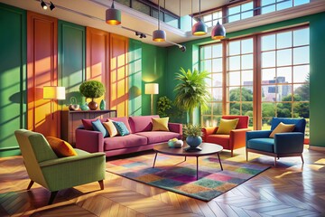 Fototapeta premium Colorful Empty Room with Furniture - Tilt-Shift Photography of a Modern Interior Space