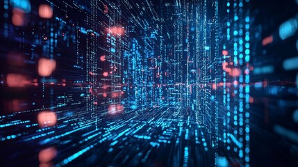 Futuristic digital matrix of glowing blue and red data in cyberspace