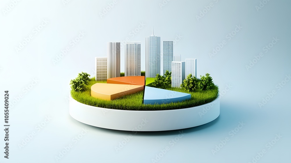 Poster a modern 3d floating pie chart with 7 pieces divided into 65%,13%,7%,5%,5%,3% and 2%. the chart is r