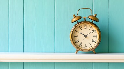 Vintage alarm clock on a shelf against a turquoise background, adding charm to any interior decor.
