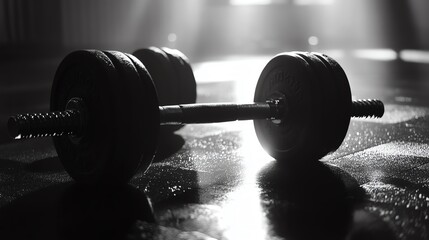 Vintage black and white image of a dumbbell on a gym floor, highlighting fitness and strength training.