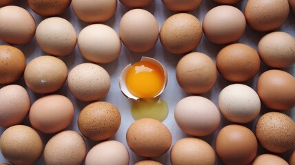 Brown and Beige Eggs with Cracked Shell and Visible Yolk
