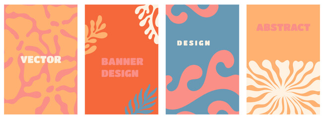 Vector simple minimal backgrounds, simple wavy and groovy naive style, flowers and plants, floral botanic hand drawn design templates, posters, placards, packaging, branding