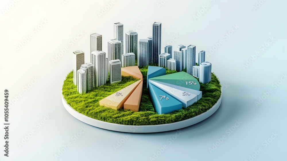 Poster a modern 3d floating pie chart with 7 pieces divided into 65%,13%,7%,5%,5%,3% and 2%. the chart is r