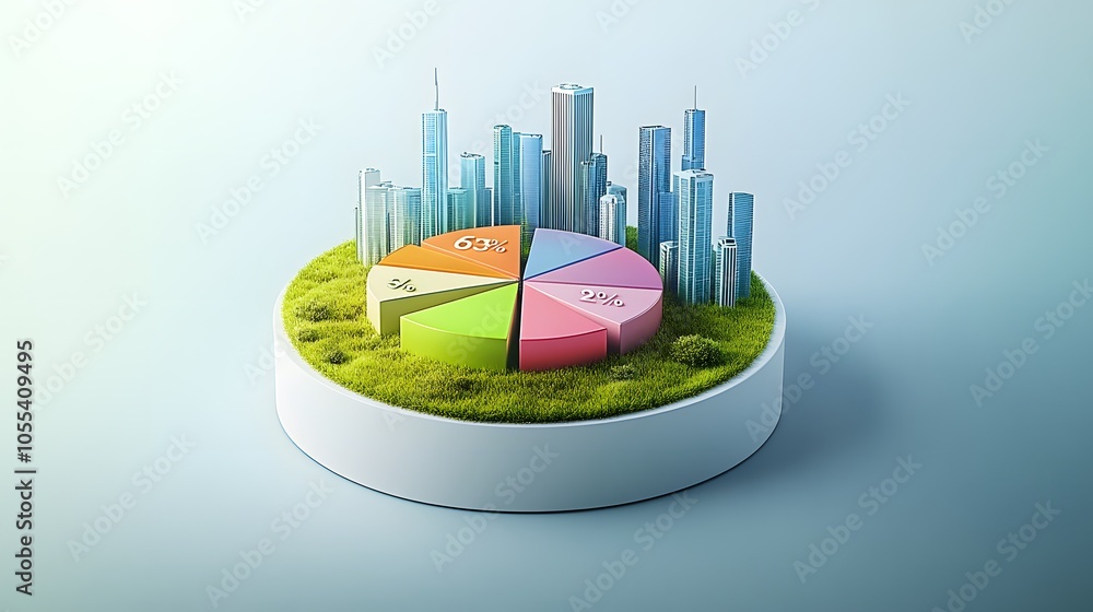 Poster a modern 3d floating pie chart with 7 pieces divided into 65%,13%,7%,5%,5%,3% and 2%. the chart is r
