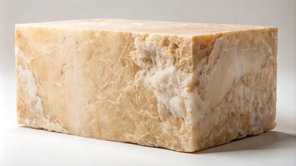 Rough-hewn marble block with visible pitting and imperfections in a warm beige color, beige color, natural stone material, building elements, industrial feel, construction materials