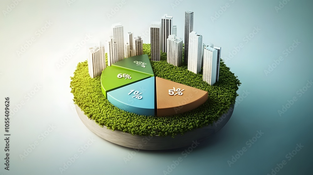 Poster a modern 3d floating pie chart with 7 pieces divided into 65%,13%,7%,5%,5%,3% and 2%. the chart is r
