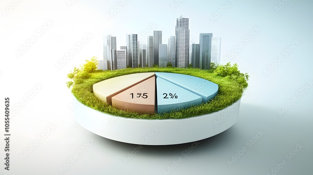 Poster a modern 3d floating pie chart with 7 pieces divided into 65%,13%,7%,5%,5%,3% and 2%. the chart is r