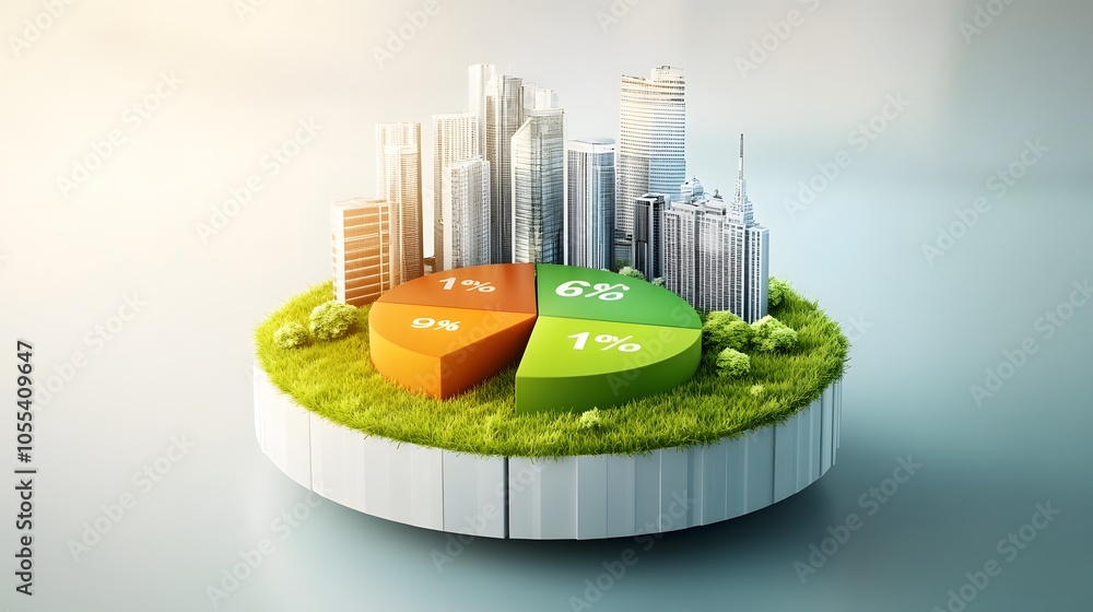 Aufkleber a modern 3d floating pie chart with 7 pieces divided into 65%,13%,7%,5%,5%,3% and 2%. the chart is r