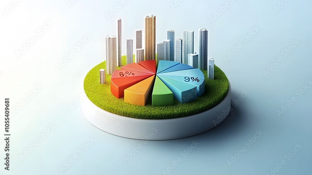 Aufkleber a modern 3d floating pie chart with 7 pieces divided into 65%,13%,7%,5%,5%,3% and 2%. the chart is r