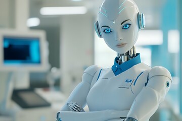 Photo of a robot nurse with arms crossed, wearing white scrubs and blue accents on the lapel or collar area
