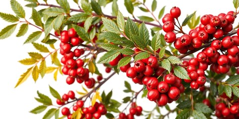 Obraz premium Rowan tree with vibrant red berries isolated on white background, rowan, plant, red