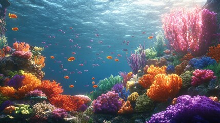 Obraz premium Vibrant coral reef teeming with life under a sunlit surface.