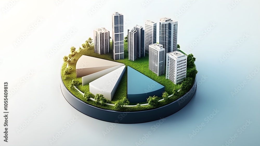 Poster a modern 3d floating pie chart with 7 pieces divided into 65%,13%,7%,5%,5%,3% and 2%. the chart is r