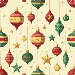 seamless festive pattern, Christmas ornaments and stars in red green gold colors with various designs and shapes on light cream background, vintage design, retro-style. wrapping paper, fabric print.