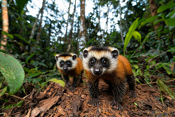 Obraz premium rare aye-aye and fossa in Madagascar forest setting