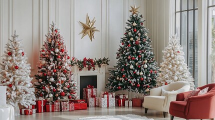 Christmas trees decorated with red and gold ornaments illuminating classic white living room