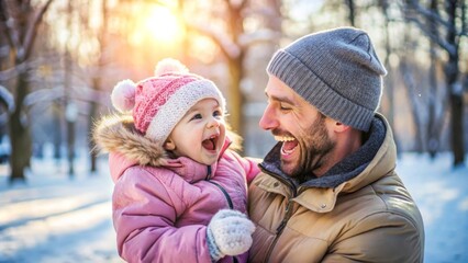 Obraz premium Father with his son having fun on winter day in the park