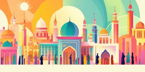 Fototapeta premium Colorful mosque skyline with people in robes.