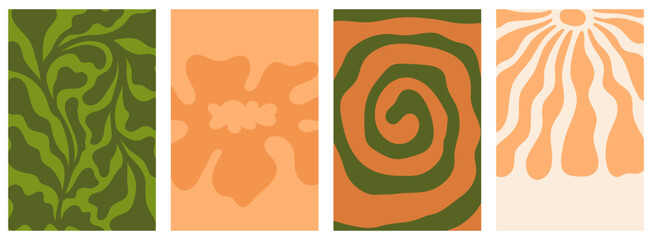 Vector simple minimal backgrounds, simple wavy and groovy naive style, flowers and plants, floral botanic hand drawn design templates, posters, placards, packaging, branding