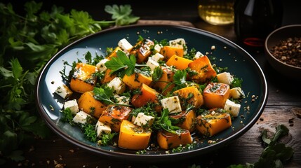 Roasted butternut squash and feta salad with parsley on a blue plate.