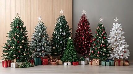 Christmas trees decorated with ornaments and gifts displaying festive spirit