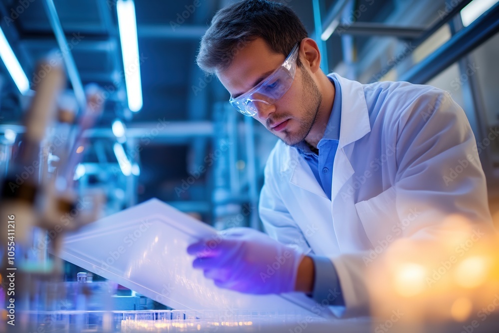 Aufkleber focused scientist reading data in modern lab