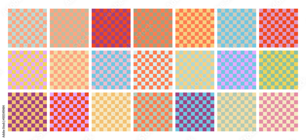 Poster cute groovy grid seamless patterns set. vector collection of colorful retro groovy backgrounds. simp