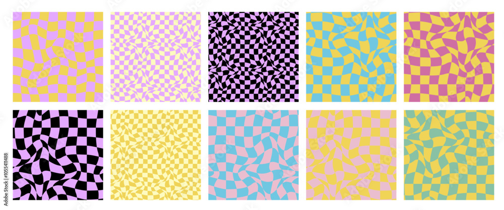 Poster cute grid seamless patterns. groovy distorted vector background. collection of colorful wavy retro g