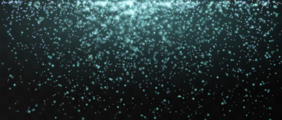 Bright blue particles gently falling on a dark background, creating a magical and festive atmosphere. Glittering particles on a transparent background. Light with flares