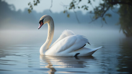 Obraz premium Beautiful swan swimming on the lake