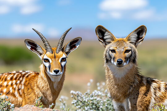 gerenuk and aardwolf in savanna habitat